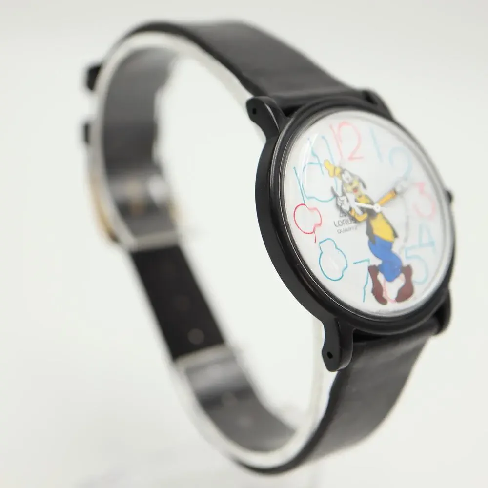 Vintage Lorus Seiko Disney Goofy 35mm Watch Black Leather V515-8030 New Battery